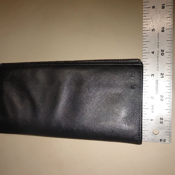 Prada Wallet Milano Black Leather Vinyl Long Metal Zipper Card Slots Pockets - Picture 4 of 15